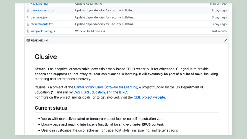 screen grab of the Clusive GitHub page. Shows text and links to open-source code for the Clusive tool.